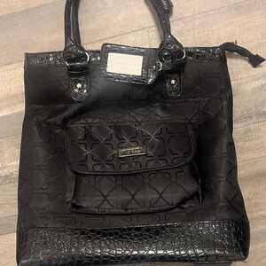 Elegant Black Embossed Wheeled Travel Tote Bag with Retractable Handle